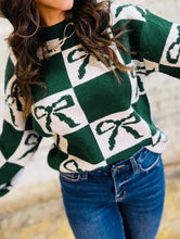 Load image into Gallery viewer, Green Checkered Bow Print Casual Sweater