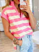 Load image into Gallery viewer, Stripe V Neck Collared Cap Sleeve Top