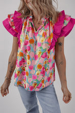 Load image into Gallery viewer, Floral Layered Ruffle Flutter Sleeve Tie V Neck Blouse
