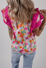 Load image into Gallery viewer, Floral Layered Ruffle Flutter Sleeve Tie V Neck Blouse