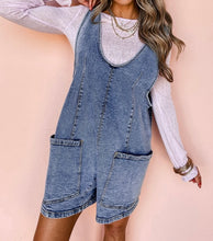 Load image into Gallery viewer, Blue Sleeveless U Neck Patched Pocket Denim Romper