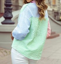 Load image into Gallery viewer, Stripe Color Block Balloon Sleeve Buttoned Loose Fit Shirt