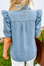 Load image into Gallery viewer, Puff Sleeve Button Down Flap Pocket Denim Shirt