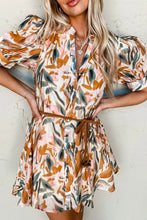 Load image into Gallery viewer, Abstract Printed Puff Sleeve Button Up Braided Belt Mini Dress