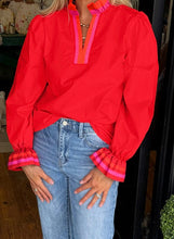 Load image into Gallery viewer, Striped Trim Ruffle Split Neck Long Sleeve Blouse