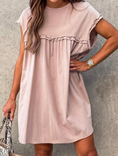 Load image into Gallery viewer, Oatmeal Frilled Trim Crew Neck Loose Fit Mini Dress
