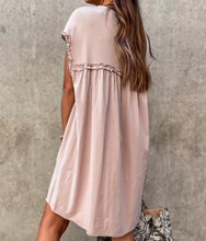 Load image into Gallery viewer, Oatmeal Frilled Trim Crew Neck Loose Fit Mini Dress