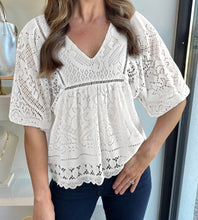 Load image into Gallery viewer, White Lace Crochet Hollowed Scallop Hem V Neck Blouse