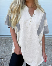 Load image into Gallery viewer, Two Tone Contrast Waffle Knit Patched Buttoned V Neck Top