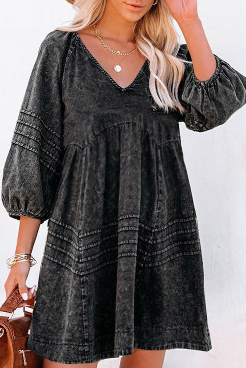 Pleated V Neck Puff Sleeve Denim Babydoll Dress  Lovebug Boutique