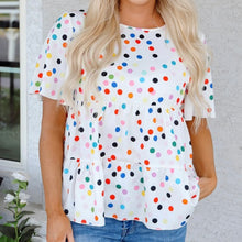 Load image into Gallery viewer, Colorful Polka Dot Short Sleeve Tiered Ruffled Babydoll Blouse