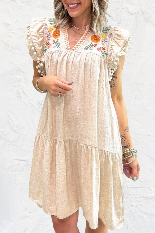 Jet Stream Linen Embroidery Split Neck Pom Pom Ruffle Sleeves Flowy Sh –  Lovebug Boutique