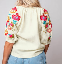 Load image into Gallery viewer, Floral Embroidered Ricrac Puff Sleeve Textured Blouse