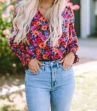 Load image into Gallery viewer, Floral Print Wrap V Neck Long Sleeve Bodysuit