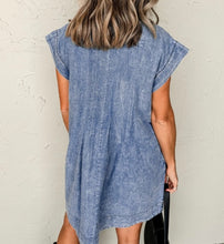 Load image into Gallery viewer, Beau Blue Tie V Neck Tucking Detail Short Sleeve Denim Shift Dress