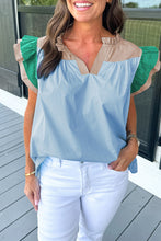 Load image into Gallery viewer, Colorblock Ruffled Sleeve Frill V Neck Blouse