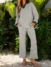 Load image into Gallery viewer, Striped Collared Pullover Top and Drawstring Pant Set
