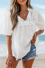 Load image into Gallery viewer, Eyelet Lace Patchwork Tie Neck Puff Short Sleeve Blouse