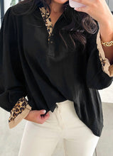 Load image into Gallery viewer, Contrast Leopard Print Patchwork Polo Collar Buttons Front Ruffled Long Sleeve Blouse