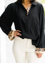 Load image into Gallery viewer, Contrast Leopard Print Patchwork Polo Collar Buttons Front Ruffled Long Sleeve Blouse