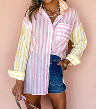 Load image into Gallery viewer, Stripe Contrast Collar Long Sleeve Patchwork Shirt