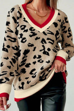 Load image into Gallery viewer, Leopard Pattern V-Neck Contrast Rib Knitted Sweater