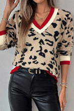 Load image into Gallery viewer, Leopard Pattern V-Neck Contrast Rib Knitted Sweater