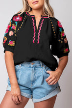 Load image into Gallery viewer, Floral Embroidered Ricrac Puff Sleeve Textured Blouse