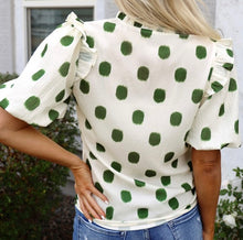 Load image into Gallery viewer, Polka Dot Print Shirred Yoke Notched Neck Balloon Sleeve Blouse