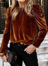 Load image into Gallery viewer, Chestnut Frilled Collar Puff Sleeve Velvet Top