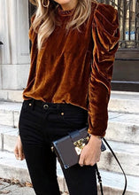 Load image into Gallery viewer, Chestnut Frilled Collar Puff Sleeve Velvet Top
