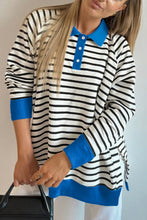 Load image into Gallery viewer, Stripe Color Block Patchwork Button Polo Collar Side Slit Sweatshirt