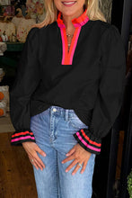 Load image into Gallery viewer, Striped Trim Ruffle Split Neck Long Sleeve Blouse