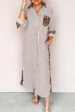Load image into Gallery viewer, Stripe Contrast Leopard Patchwork Long Shirt Dress with Slits