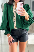 Load image into Gallery viewer, Puffy Flounce Sleeve Leopard Trim V Neck Blouse