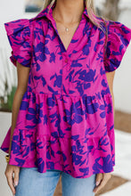 Load image into Gallery viewer, Floral Print Collared Button Neckline Flutter Sleeve Blouse