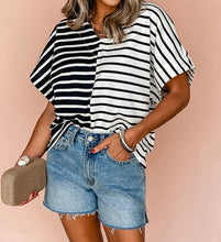 Load image into Gallery viewer, Stripe Two Tone Colorblock V Neck T Shirt