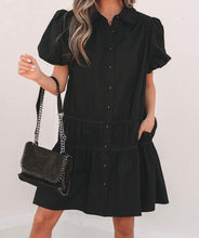 Load image into Gallery viewer, Button Down Puff Sleeve Ruffle Hem Dress