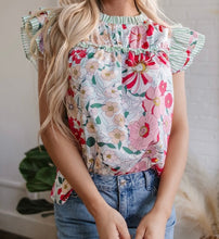 Load image into Gallery viewer, Floral Print Contrast Ruffle Trim Short Sleeve Blouse