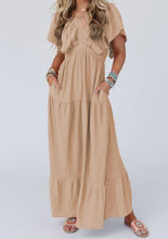 Load image into Gallery viewer, Textured V Neck Flutter Sleeve Ruffled Maxi Dress