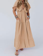 Load image into Gallery viewer, Textured V Neck Flutter Sleeve Ruffled Maxi Dress