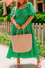 Load image into Gallery viewer, Green Ruched Front Puff Sleeve Plus Size Long Dress