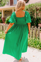 Load image into Gallery viewer, Green Ruched Front Puff Sleeve Plus Size Long Dress