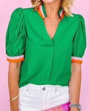 Load image into Gallery viewer, Bright Colorful Trim V Neck Short Sleeve Blouse