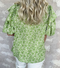 Load image into Gallery viewer, Green Floral Ruffle Puff Short Sleeve Frilled Collar V Neck Blouse