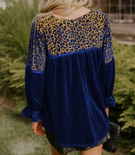 Load image into Gallery viewer, Blue Leopard Patchwork Shoulder Flounce Sleeve Velvet Blouse