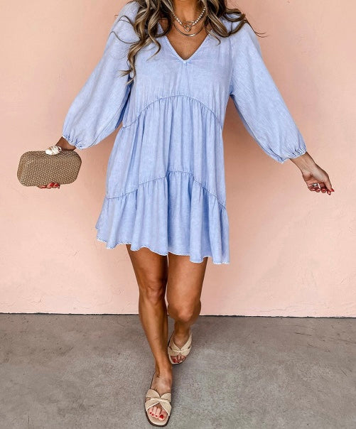 beau mini dress Beau Puff Sleeve V Neck Tiered Ruffled Chambray Mini Dress – Lovebug  Boutique
