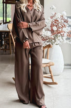 Load image into Gallery viewer, Brown Braided V Neck Long Sleeve Loose Top and Drawstring High Waist Pants 2pcs Outfit
