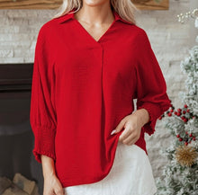 Load image into Gallery viewer, V Neck Collared Shirred 3/4 Sleeve Oversized Tunic Top