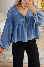 Load image into Gallery viewer, Denim Lapel Neck Balloon Sleeve Tied Peplum Top